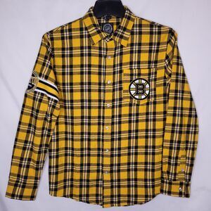 Boston Bruins Flannel Shirt Mens Small Plaid Yellow, Black NHL Embroidered
